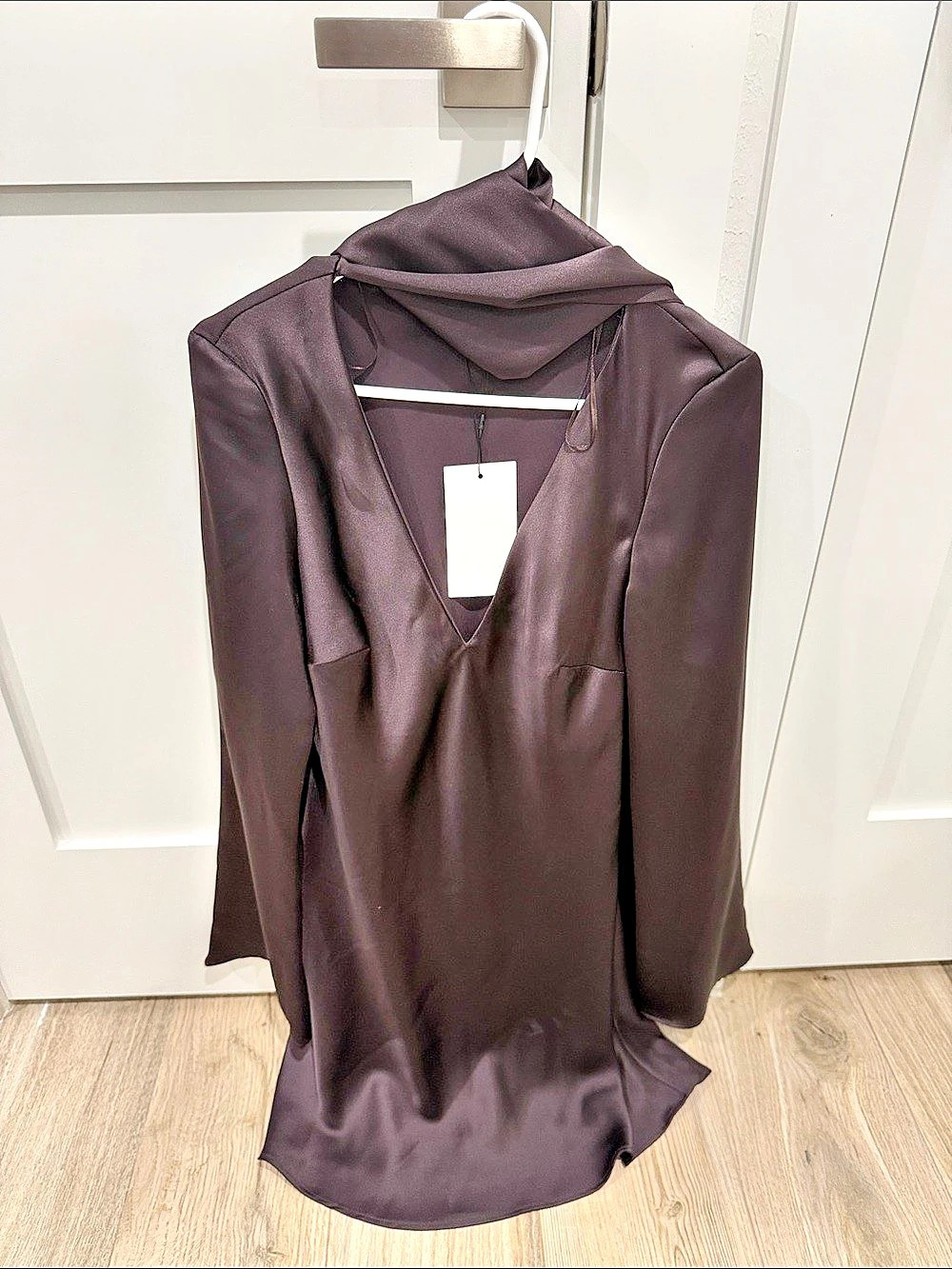 Zara Satin Scarf-Effect Mini Dress Brown